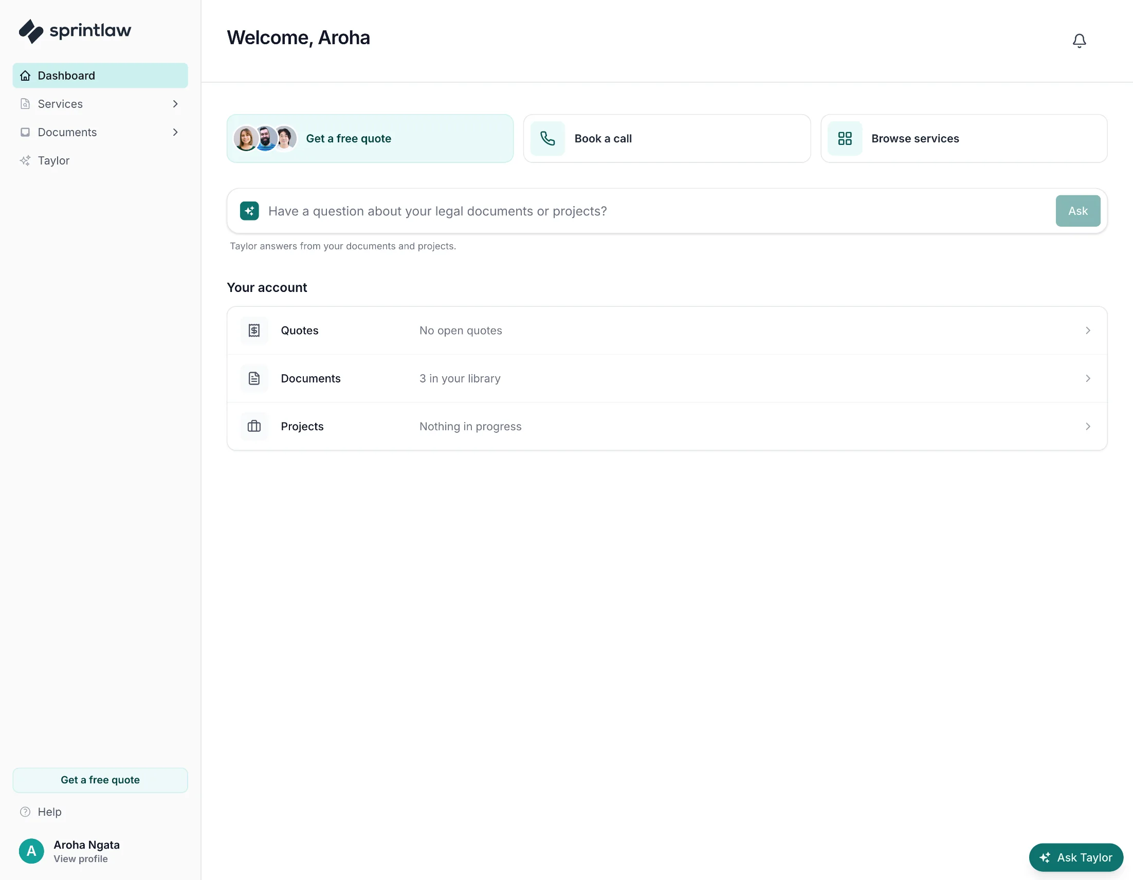 Sprintlaw platform dashboard