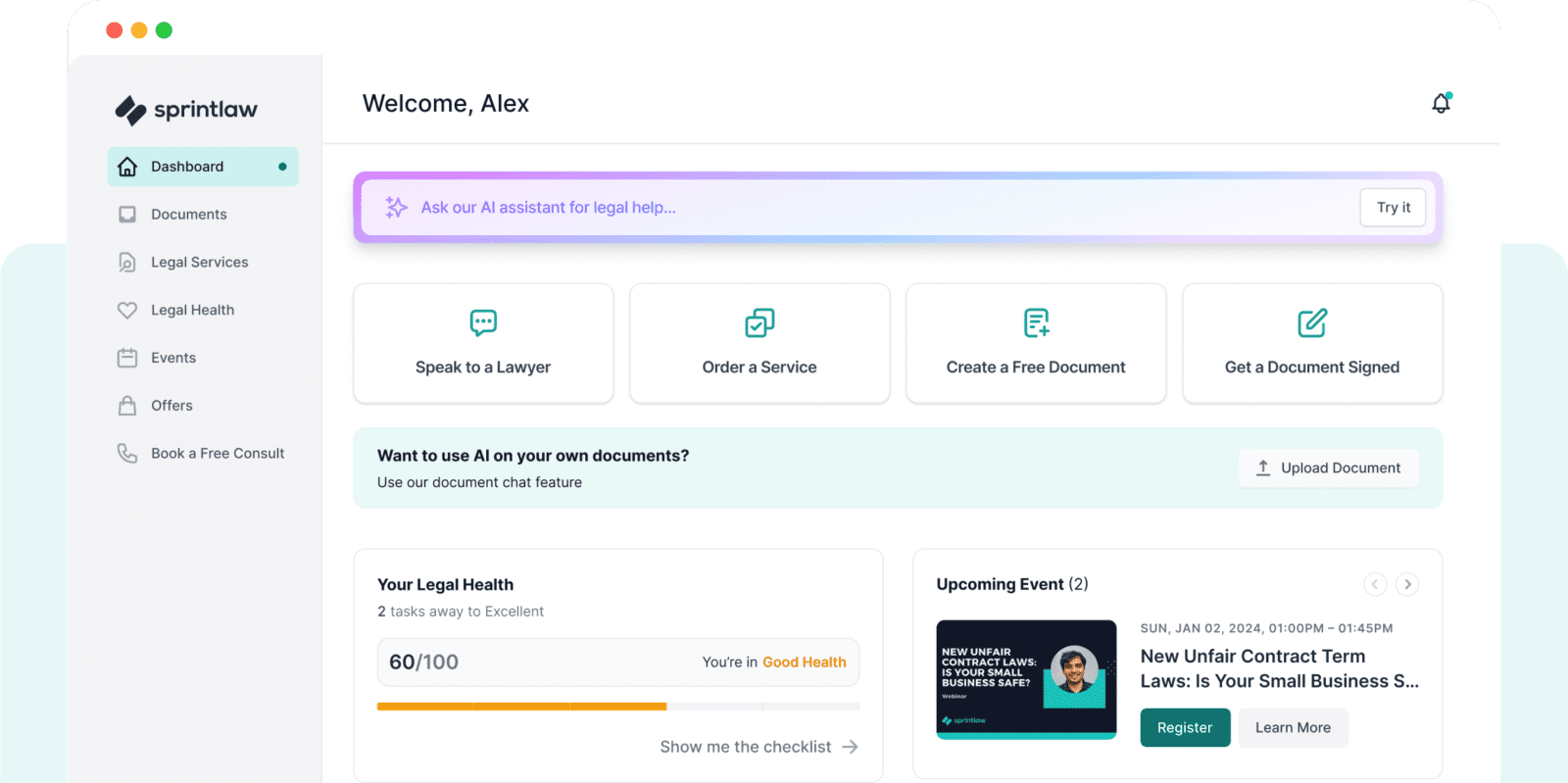 Sprintlaw legal platform dashboard
